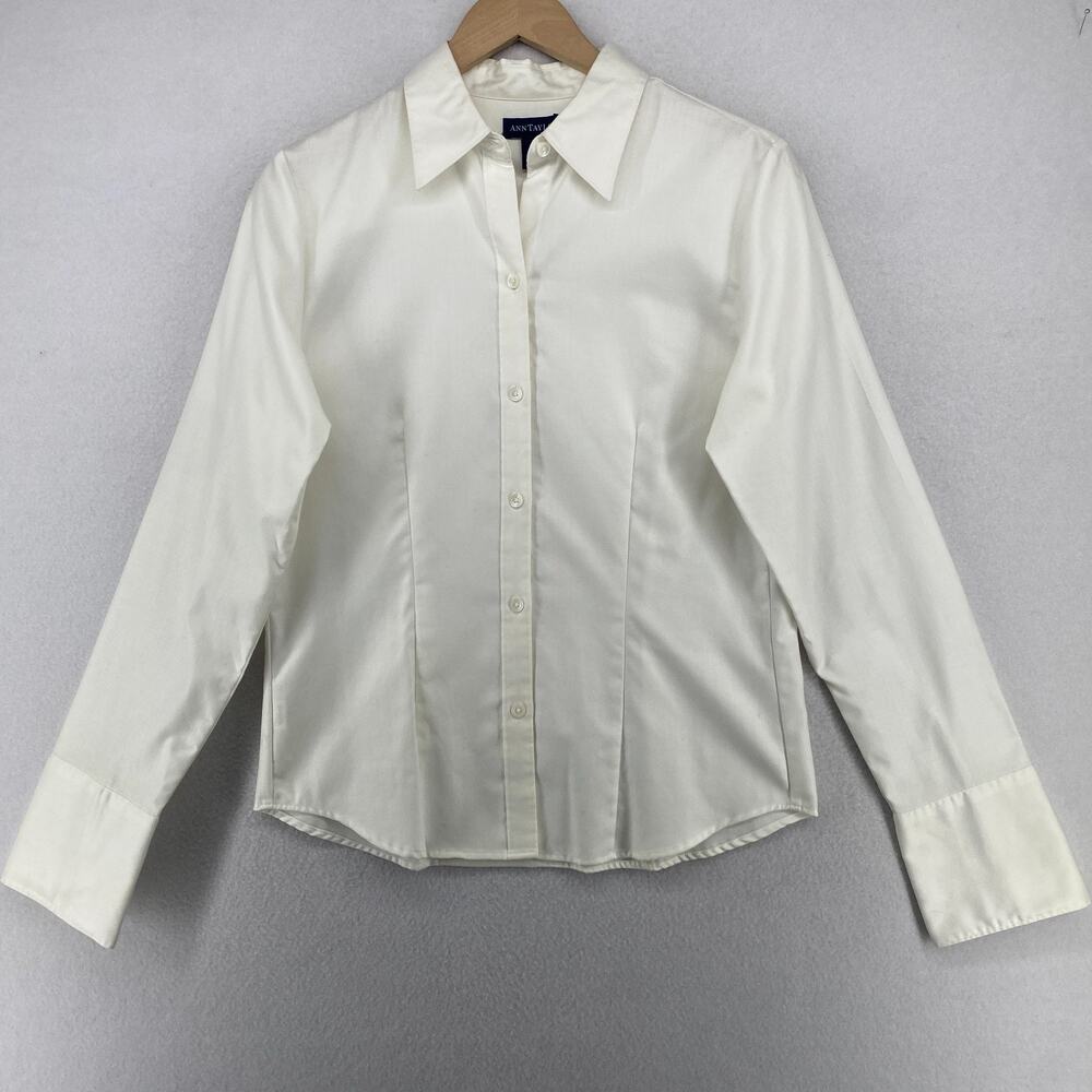 ANN TAYLOR Top 8 Herringbone Long Sleeve Button Up Shirt Cotton Off White